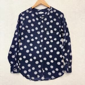 Equipment Femme Navy Blue Long Sleeve White Daisy Print Silk Blouse Size S